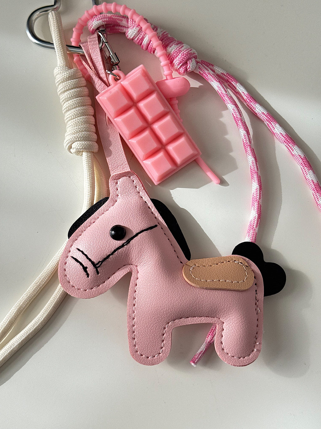 Year of the Horse PU Leather Keychain Pendant – Bag Charm with Braided Cord Pink