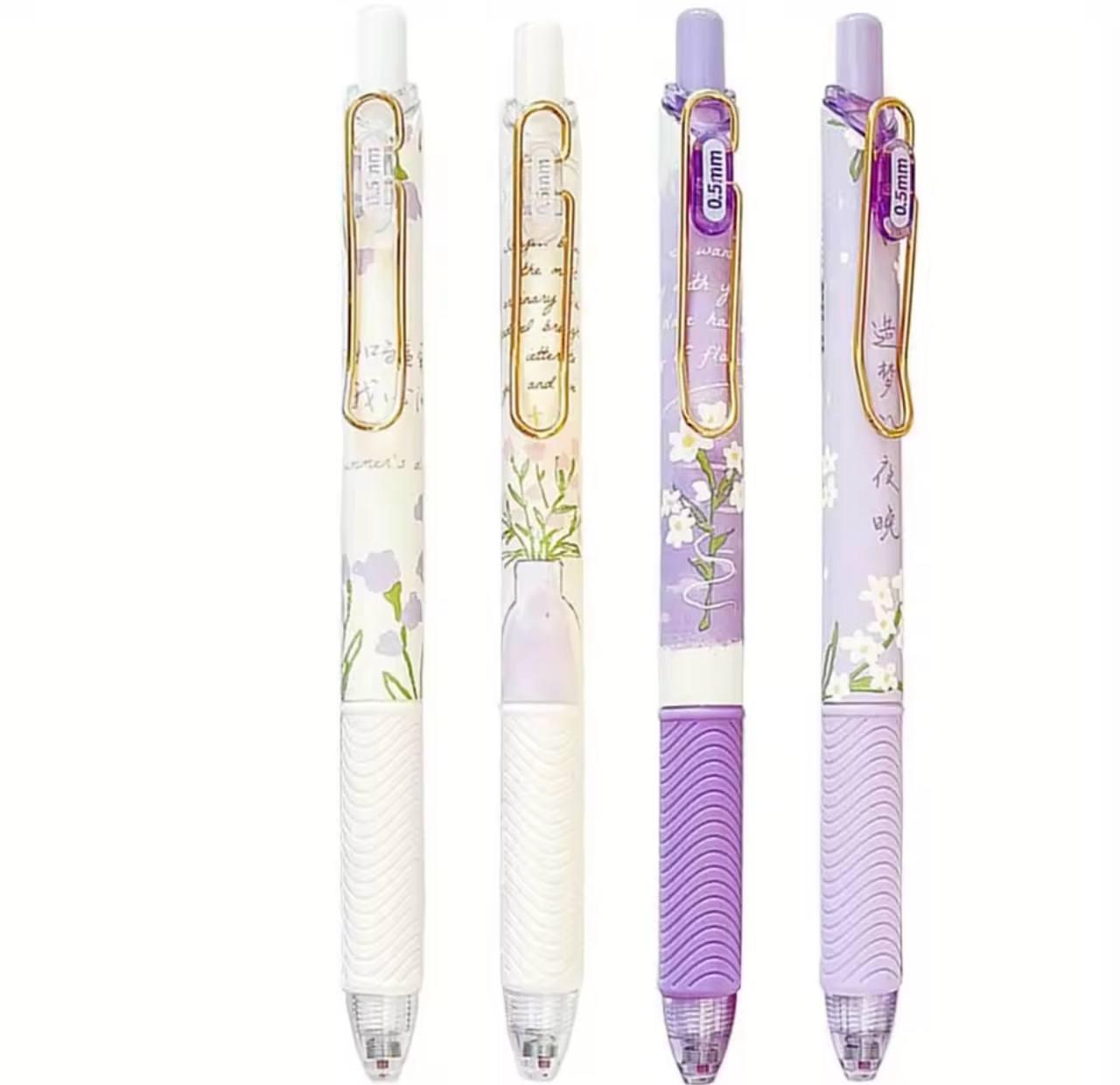 4-Pack Cute Floral Retractable Gel Pens – 0.5 mm Black Ink, Smooth Fine Writing Pens